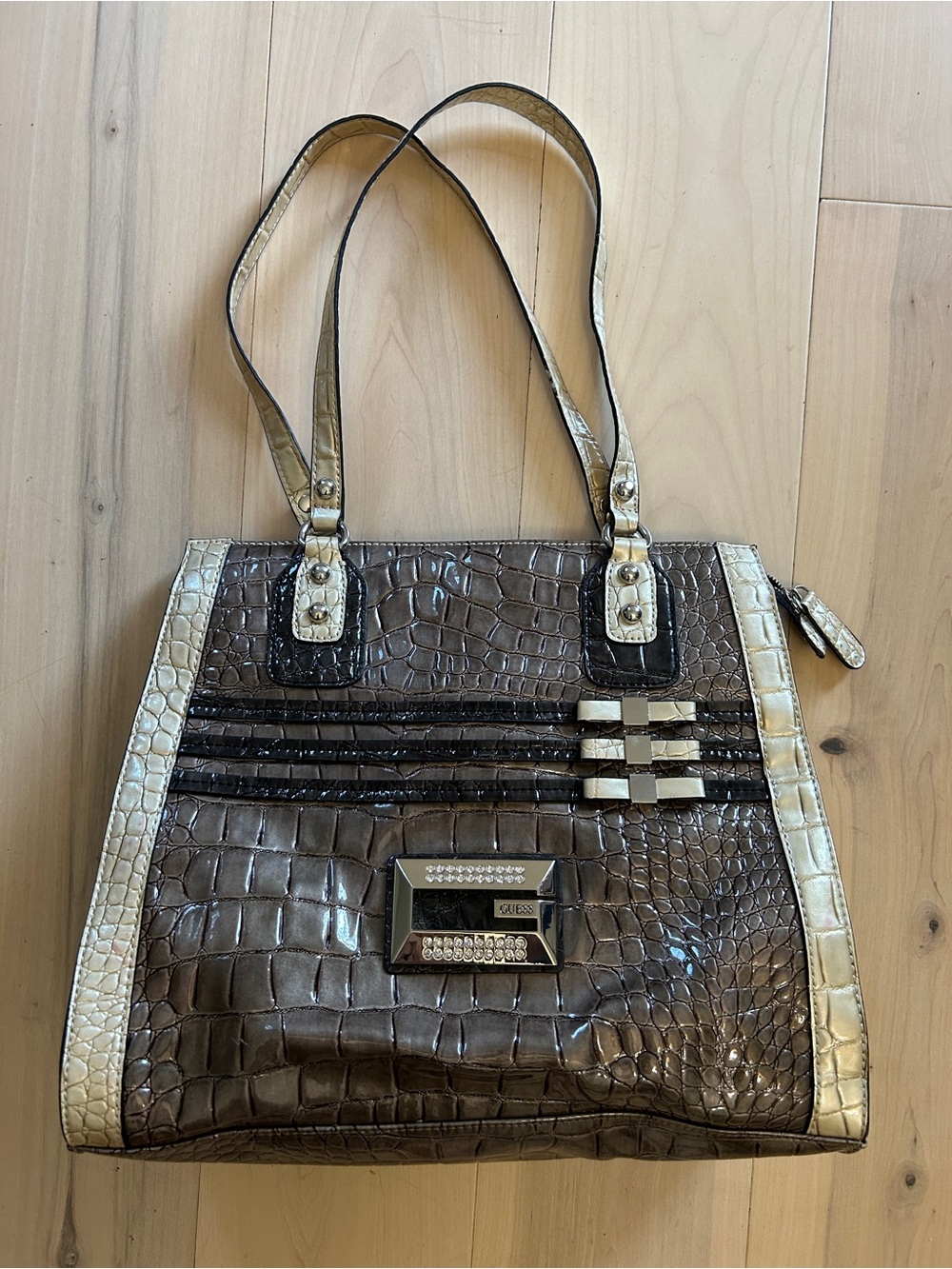 Vintage Y2K GUESS Bronze Croc Embossed Patent Leather Tote Bag Handbag Bling